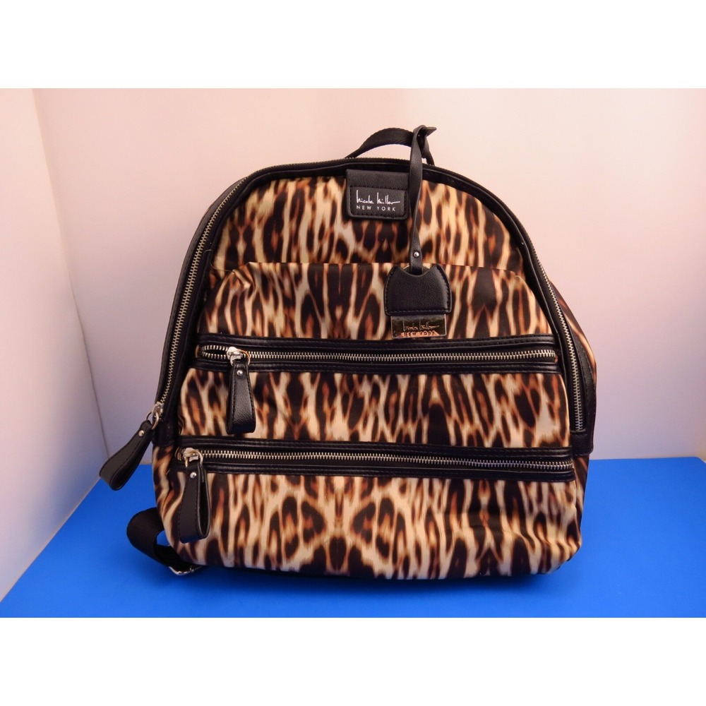 Nicole Miller Leopard Print Backpack 12" Bag Womens Brown Black Polyester